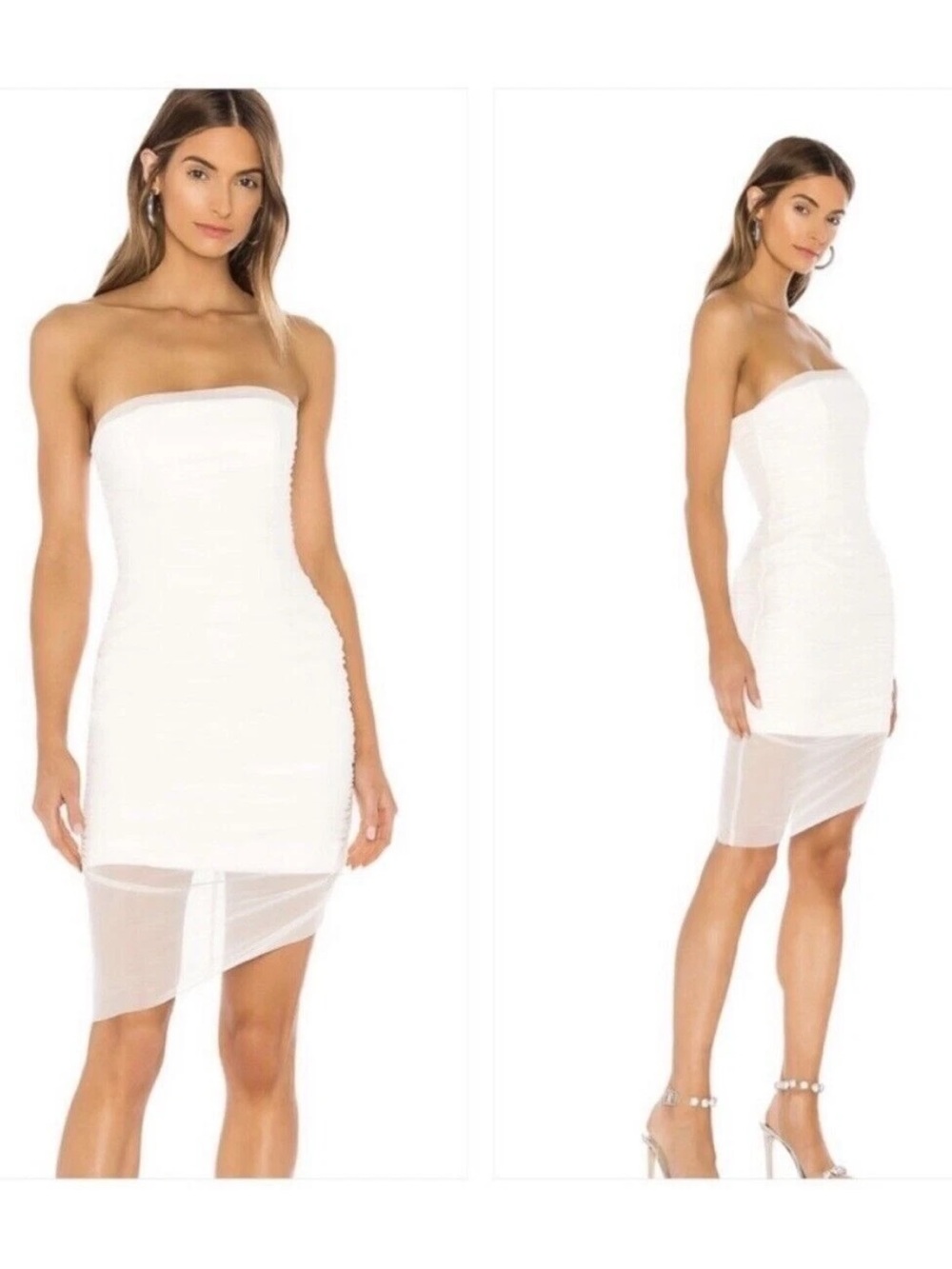 MAJORELLE “Ursula” Strapless Bodycon Dress Size M Ivory/White Sheer Hem Revolve